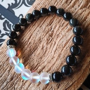 Frosted Rainbow Aura Quartz Obsidian Stone Crystal Stretch Bracelet Healing